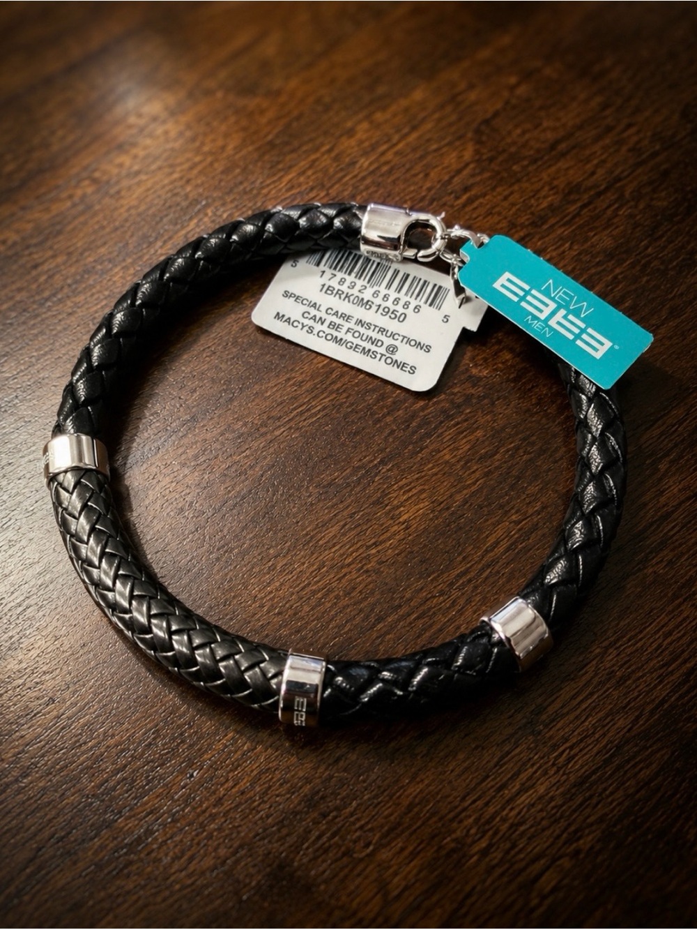 Effy Men’s Black Braided Leather Bracelet with Silver Accents